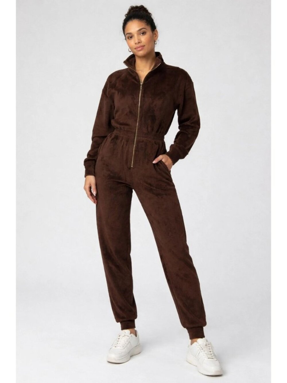 Fabletics Women's Brown Cosy Cord Zip Long Sleeve One-Piece Jumpsuit Size XL